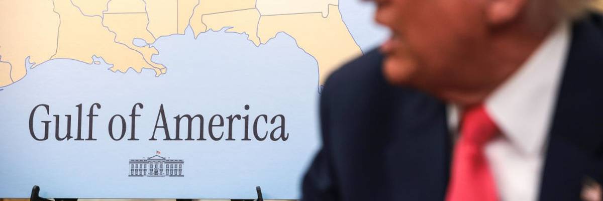 "Gulf of America" map with Trump in foreground