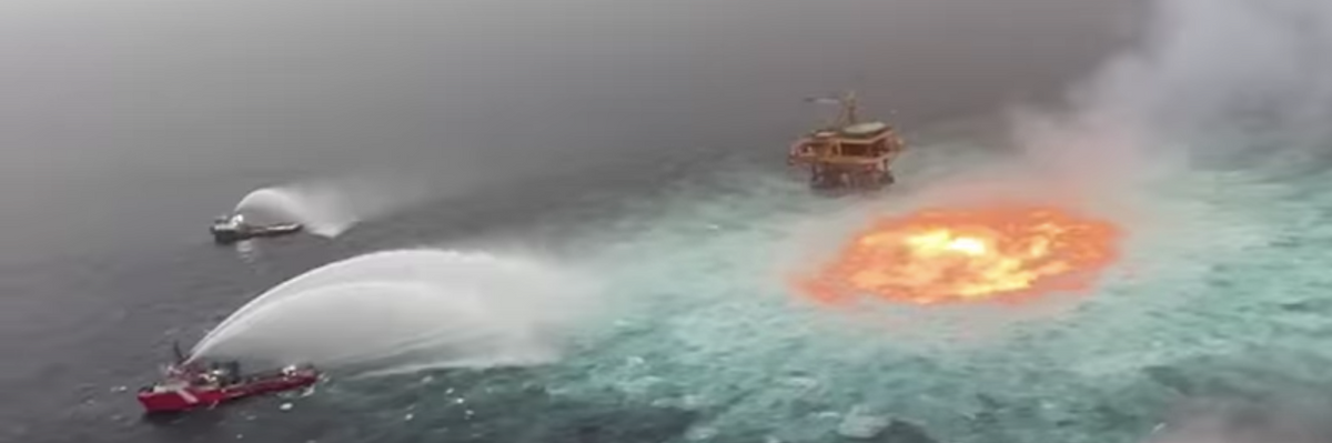 Gulf of Mexico on fire after an oil pipeline burst
