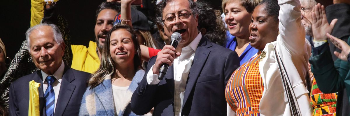 Gustavo Petro, the leftist former mayor of Bogota, celebrates in Bogota after winning Colombia's presidential election