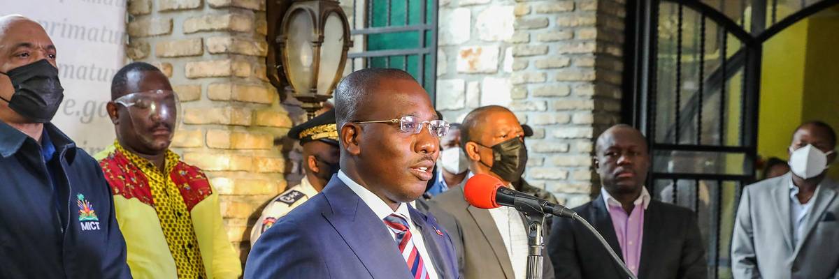 Haiti's interim prime minister speaks during a press conference