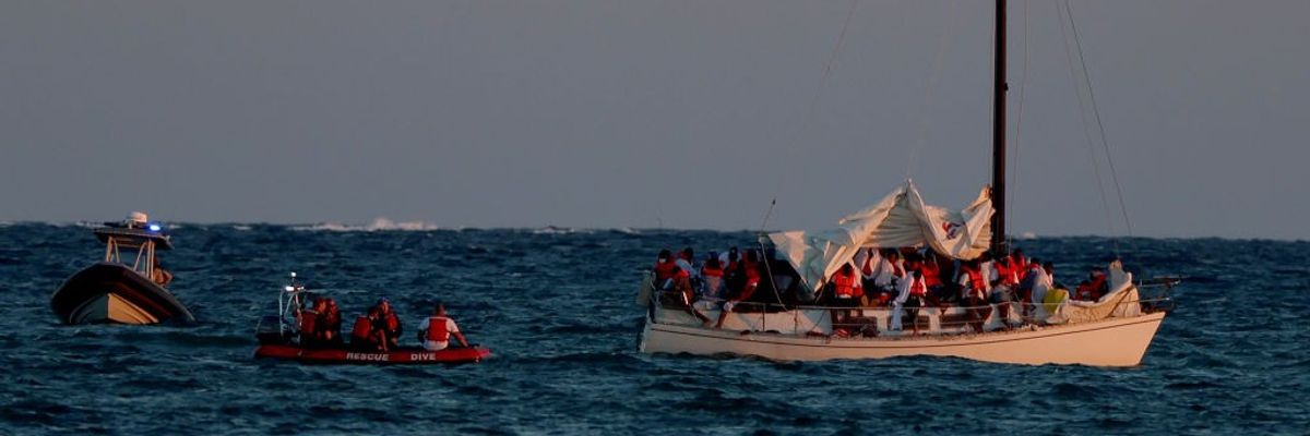 Haitian migrants crowded on a boat at sea