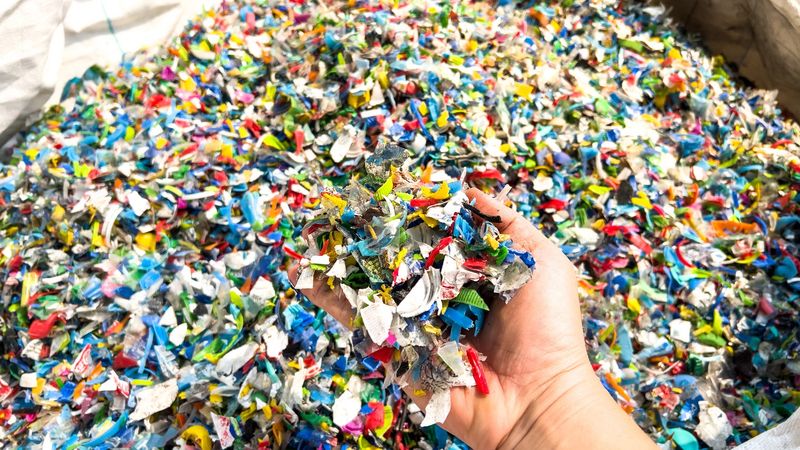 Hand holding Bottle flake,PET bottle flake plastics recycling