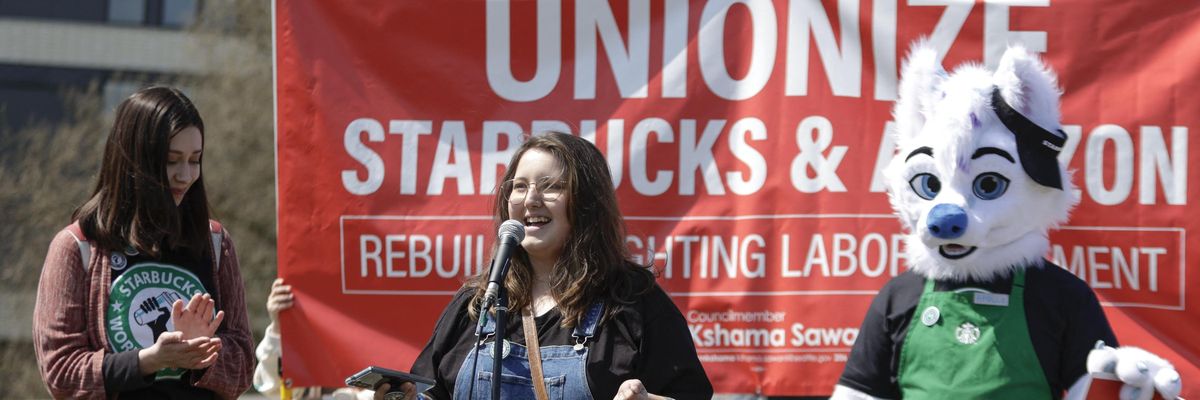 Hannah Whitbeck of Ann Arbor, Michigan speaks during the "Fight Starbucks' Union Busting" rally and march in Seattle, Washington on April 23, 2022.