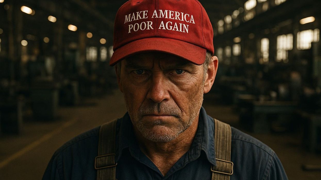 Hat says "Make America Poor Again"