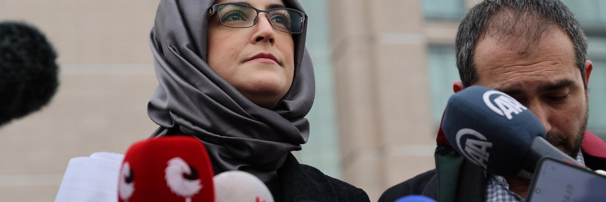 Hatice Cengiz speaks to the press