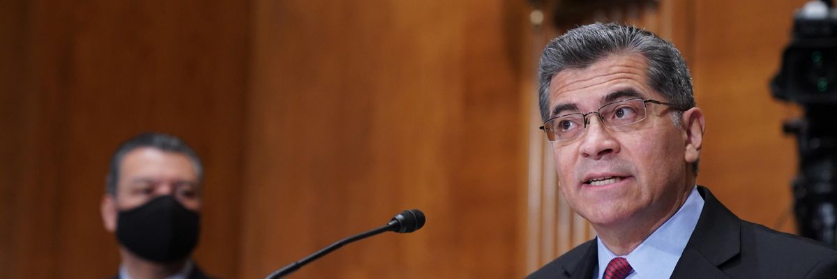 Health and Human Services Secretary Xavier Becerra speaks at a hearing.