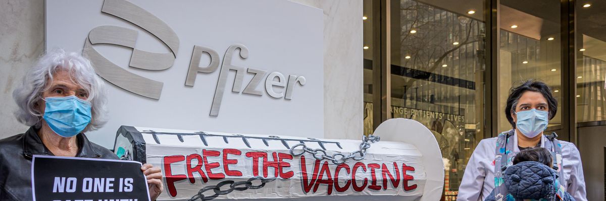 Health justice advocates gathered outside Pfizer Worldwide Headquarters in Manhattan on March 11, 2021, where they called on the pharmaceutical giant to share Covid-19 vaccine formulas and transfer technology to boost the global manufacturing of doses in the face of massively unequal distribution. (Photo: Erik McGregor/LightRocket via Getty Images)