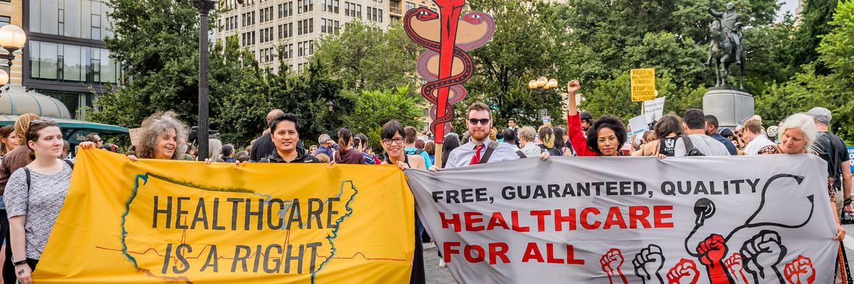 Healthcare advocates hold a rally to demand a universal, single-payer, improved, and expanded Medicare healthcare system
