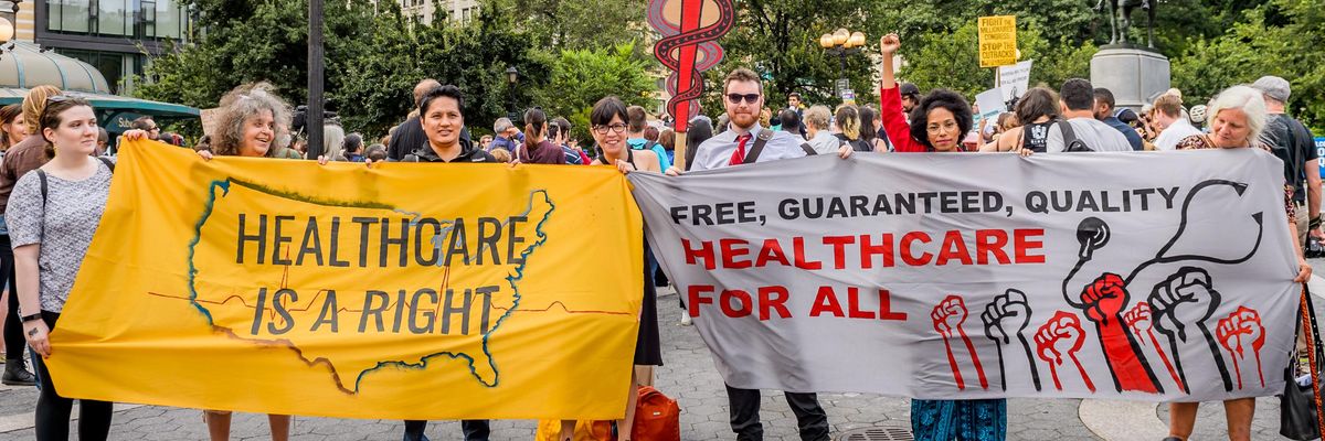 Healthcare advocates hold a rally to demand a universal, single-payer, improved, and expanded Medicare healthcare system