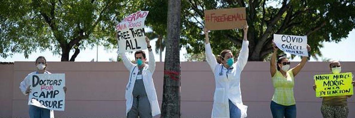 Healthcare professionals and opponents of carceral facilities demand the release of people detained at the Immigration and Customs Enforcement's Broward Transitional Center in Pompano Beach, Florida on May 1, 2020