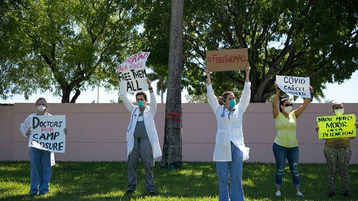 Healthcare professionals and opponents of carceral facilities demand the release of people detained at the Immigration and Customs Enforcement's Broward Transitional Center in Pompano Beach, Florida on May 1, 2020