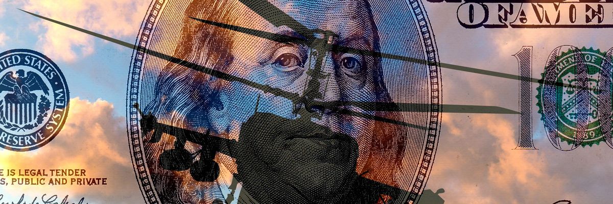 Helicopter on the background of a 100 dollar bill.