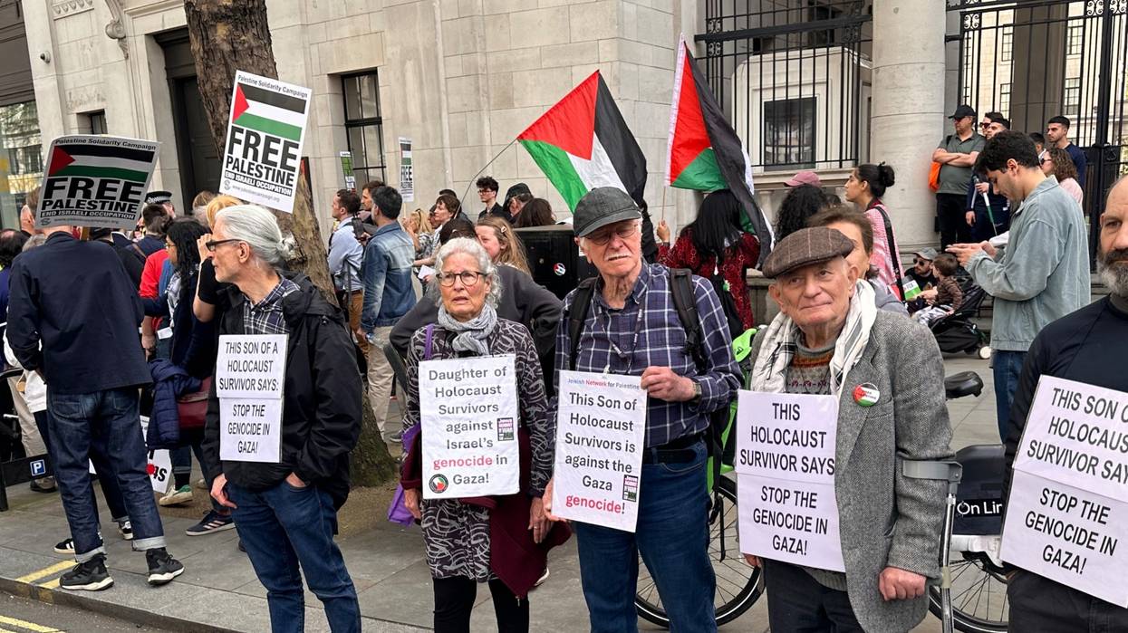 Holocaust survivors condemn Israel's Gaza genocide during a London protest.