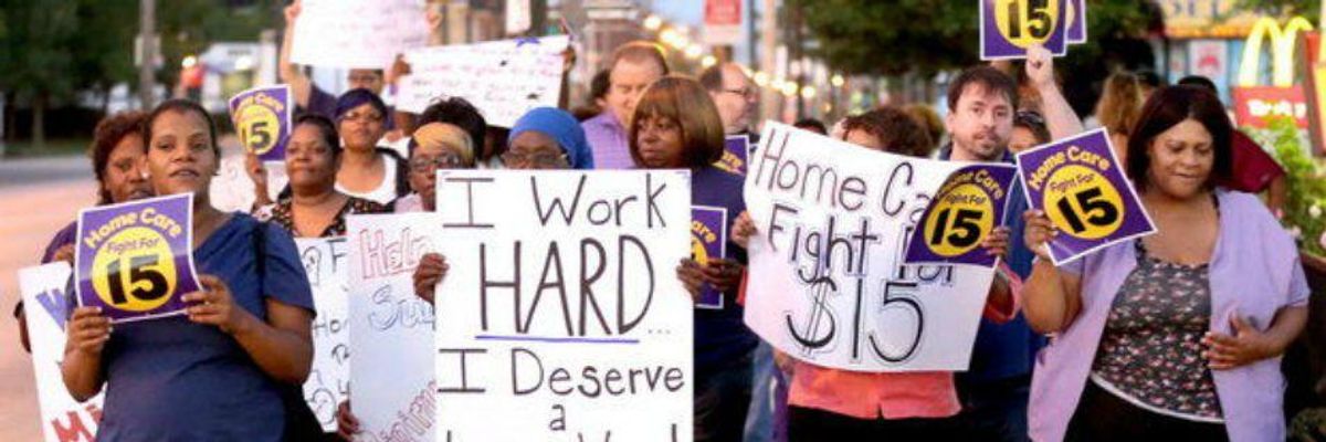 Home healthcare workers and supporters from SEIU 1199, protest for $15 minimum wage