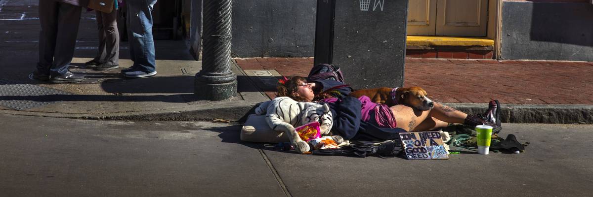 Homeless Woman Sleeping With Dog On Street