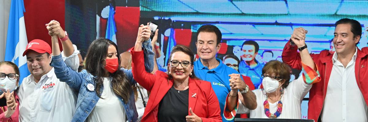 Honduran presidential candidate for the Libre party, Xiomara Castro, celebrates at the party's headquarters after general elections in Tegucigalpa, on November 28, 2021