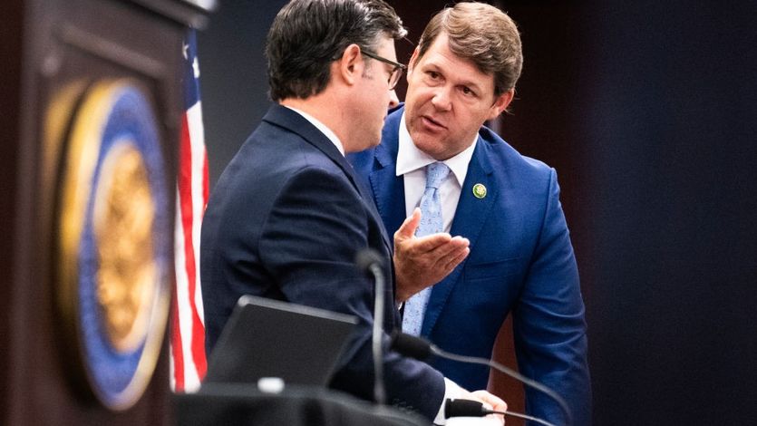 House Budget Committee Chairman Jodey Arrington, R-Texas, right, and Speaker of the House Mike Johnson