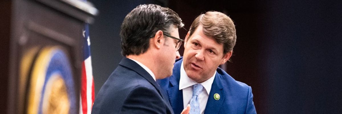 House Budget Committee Chairman Jodey Arrington, R-Texas, right, and Speaker of the House Mike Johnson