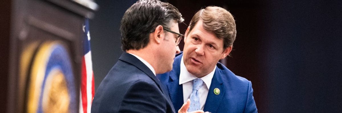 House Budget Committee Chairman Jodey Arrington, R-Texas, right, and Speaker of the House Mike Johnson