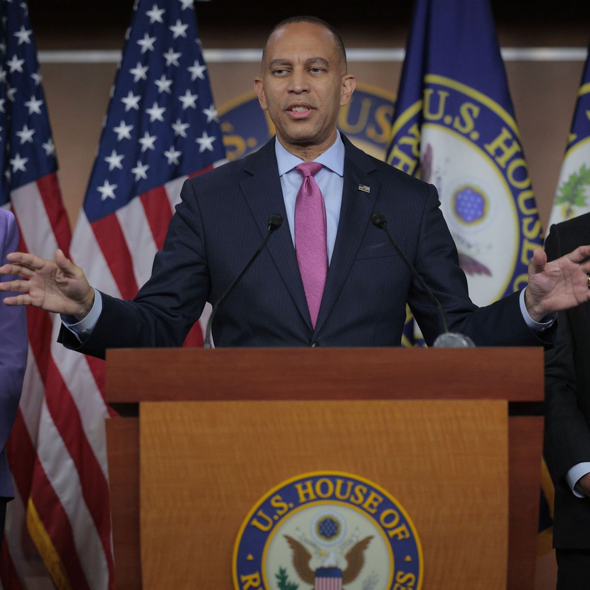 House Minority Leader Hakeem Jeffries (D-NY) (C) holds a press conference with Minority Whip Katherine Clark (D-MA) (L) and House Democratic Conference Chair Rep. Pete Aguilar (D-CA)