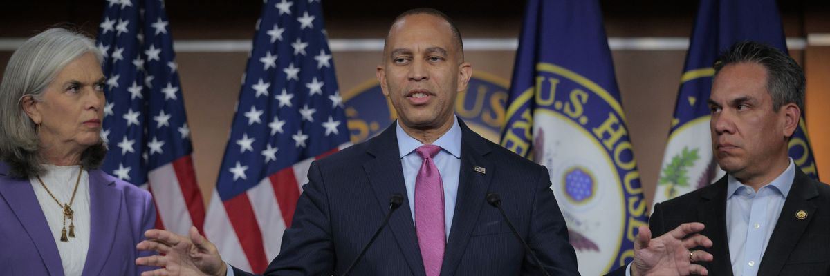 House Minority Leader Hakeem Jeffries (D-NY) (C) holds a press conference with Minority Whip Katherine Clark (D-MA) (L) and House Democratic Conference Chair Rep. Pete Aguilar (D-CA)