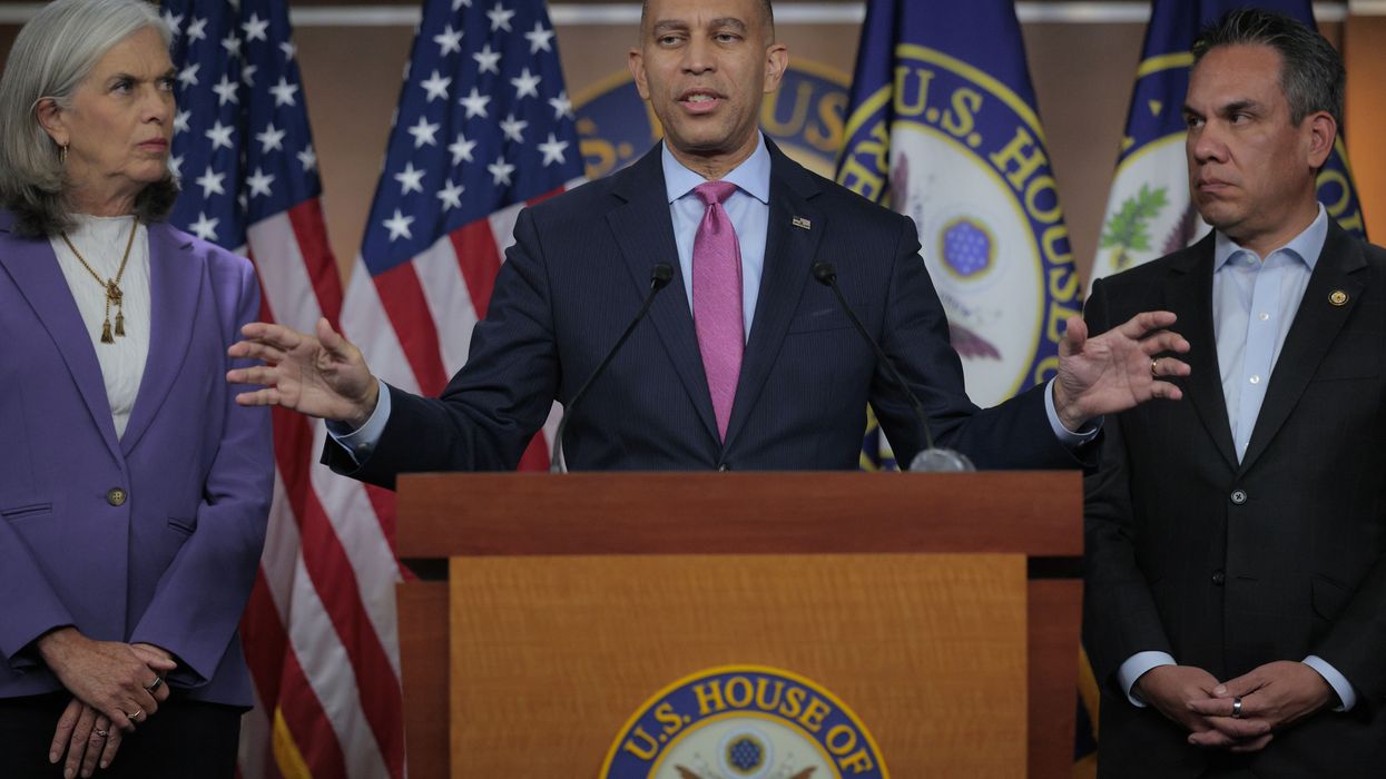 House Minority Leader Hakeem Jeffries (D-NY) (C) holds a press conference with Minority Whip Katherine Clark (D-MA) (L) and House Democratic Conference Chair Rep. Pete Aguilar (D-CA)