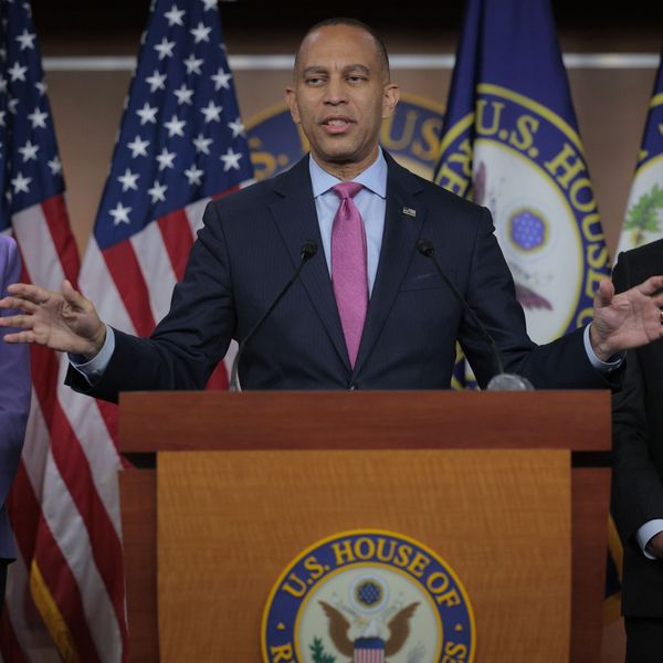 House Minority Leader Hakeem Jeffries (D-NY) (C) holds a press conference with Minority Whip Katherine Clark (D-MA) (L) and House Democratic Conference Chair Rep. Pete Aguilar (D-CA)