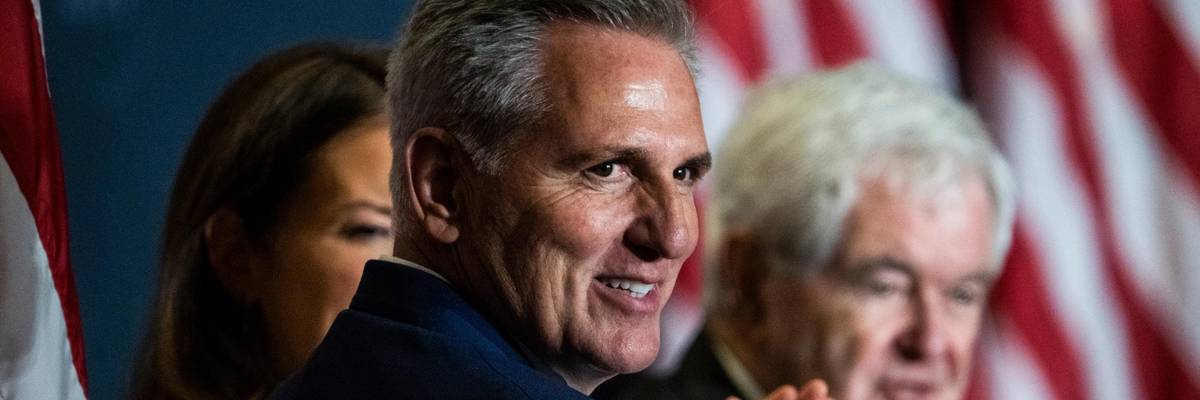 House Minority Leader Kevin McCarthy participates in an event with Newt Gingrich