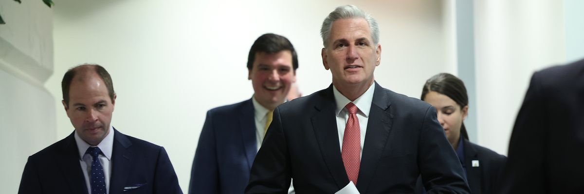 House Speaker Kevin McCarthy leaves a GOP meeting