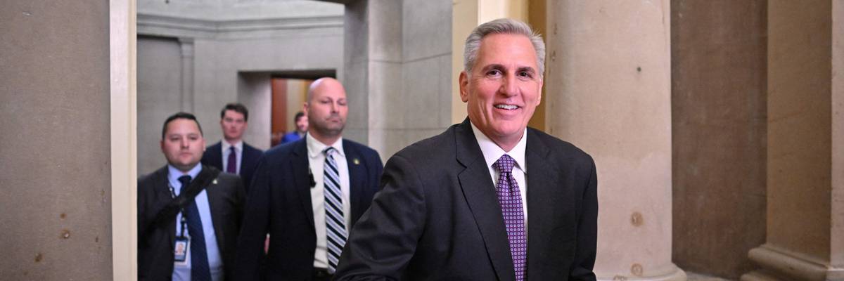 House Speaker Kevin McCarthy leaves his office and walks to the House chamber on May 31, 2023.