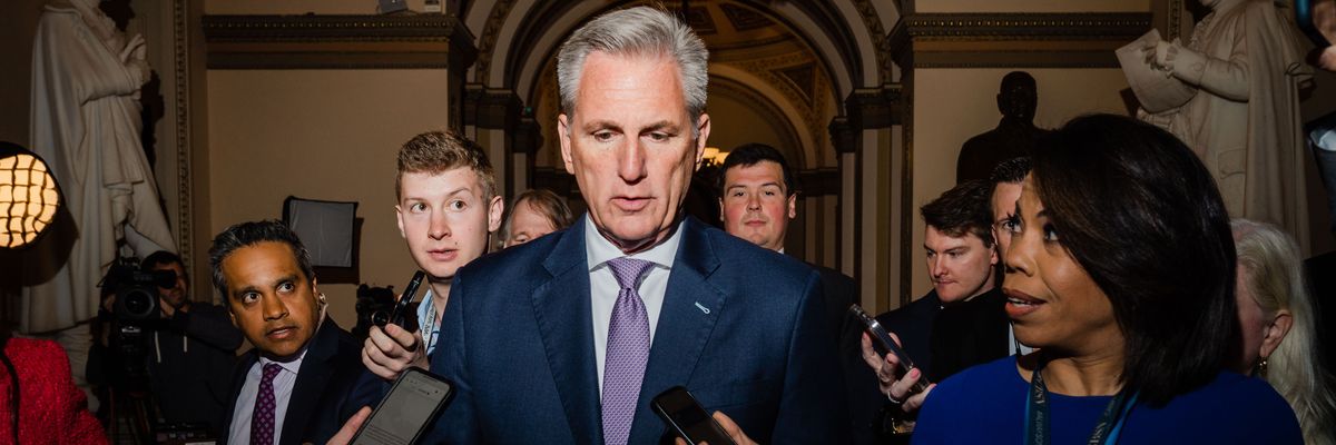 House Speaker Kevin McCarthy (R-Calif.) is surrounded by reporters