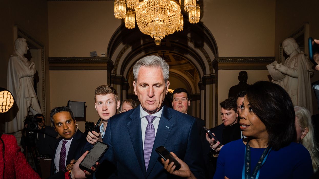 House Speaker Kevin McCarthy (R-Calif.) is surrounded by reporters