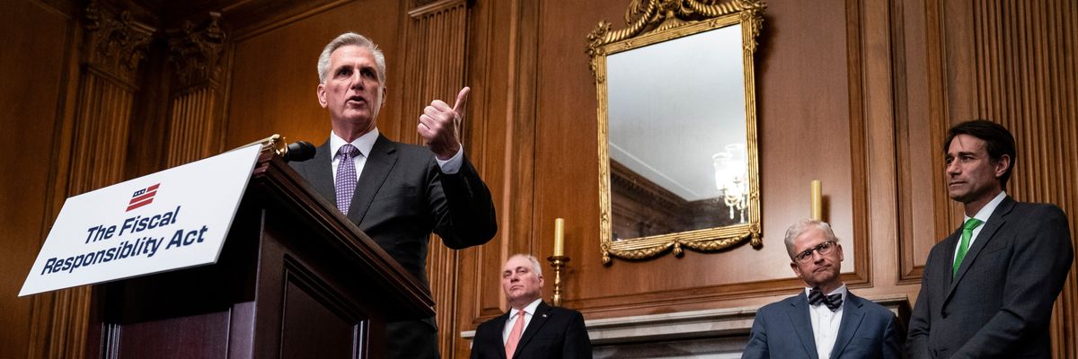 House Speaker Kevin McCarthy talks at a press conference