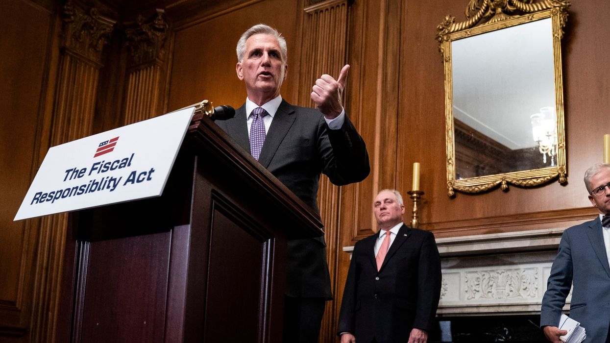 House Speaker Kevin McCarthy talks at a press conference