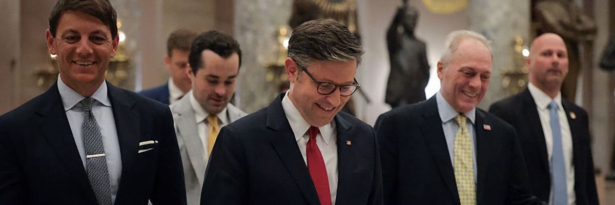 House Speaker Mike Johnson leaves the House chamber