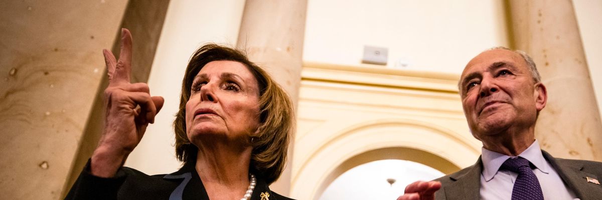 House Speaker Nancy Pelosi and Senate Majority Leader Chuck Schumer speak to reporters.