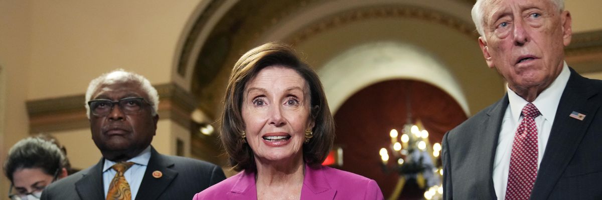 House Speaker Nancy Pelosi (D-Calif.), House Majority Leader Steny Hoyer (D-Md.), and House Majority Whip Jim Clyburn (D-S.C.) hold a press conference in the U.S. Capitol on Friday, November 5, 2021. (Photo: Tom Williams/CQ-Roll Call, Inc via Getty Images)