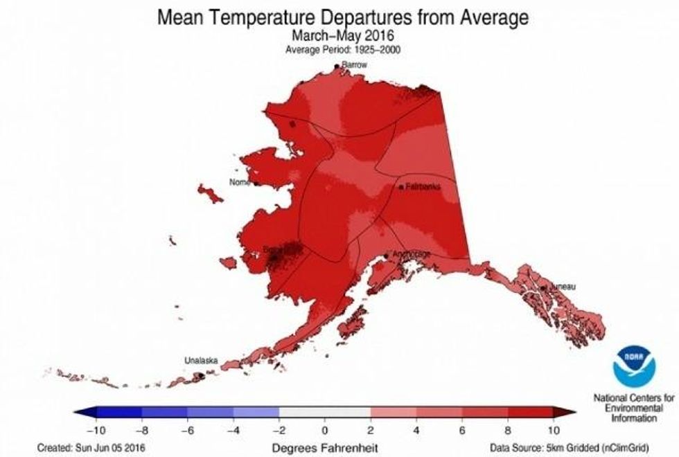 How much spring temperatures departed from the average in Alaska this spring. (Image: NOAA, via Climate Central)