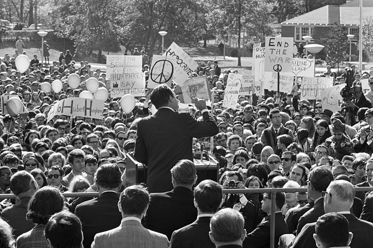 Hubert Humphrey speaking To anti-war crowd in 1968