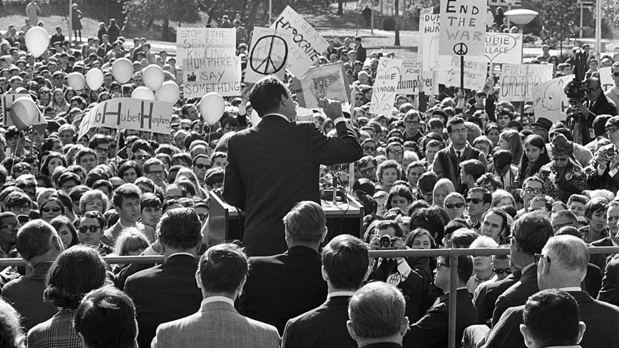 Hubert Humphrey speaking To anti-war crowd in 1968