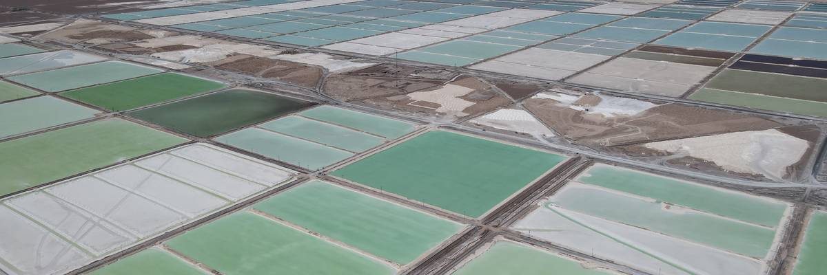 Huge pools of brine containing lithium carbonate and mounds of salt byproducts stretch across a lithium mine in the Atacama Desert in Salar de Atacama, Chili on October 25, 2022. 