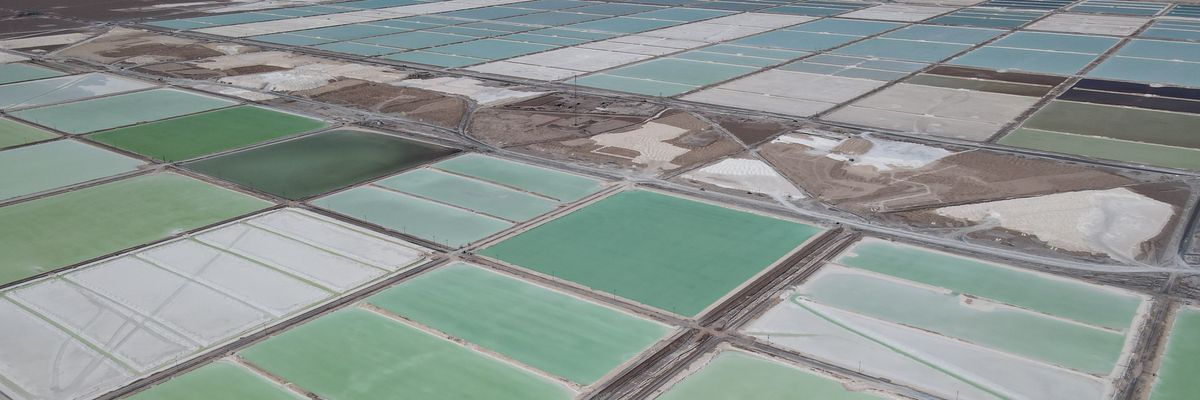 Huge pools of brine containing lithium carbonate and mounds of salt byproducts stretch across a lithium mine in the Atacama Desert in Salar de Atacama, Chili on October 25, 2022. 
