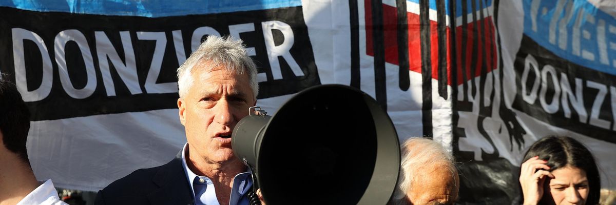 Human rights attorney Steven Donziger speaks at a rally