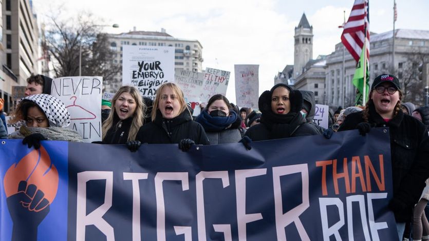Hundreds of pro-choice demonstrators gathered at Freedom Plaza