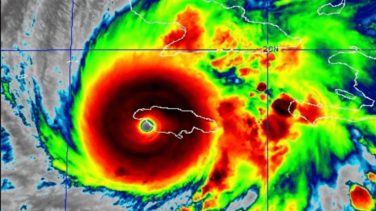 Hurricane Melissa makes landfall in Jamaica, as shown in this satellite weather map