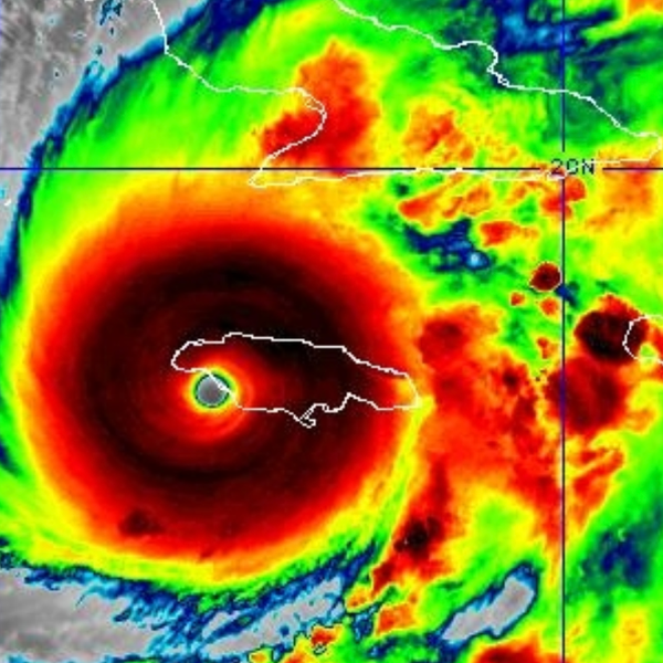 Hurricane Melissa makes landfall in Jamaica, as shown in this satellite weather map