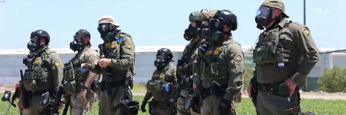 ICE agents in a field.