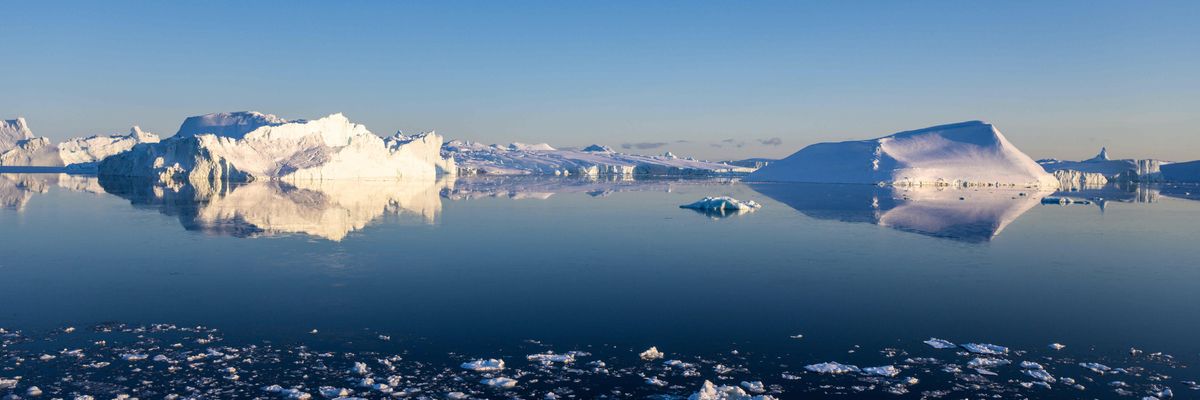 Icebergs, calved from the Sermeq Kujalleq glacier, float in the Ilulissat Icefjord off the coast of Greenland on May 16, 2022.