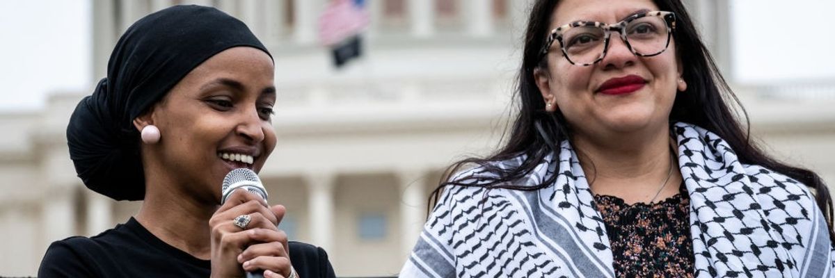 Ilhan Omar and Rashida Tlaib appear outside the Capitol