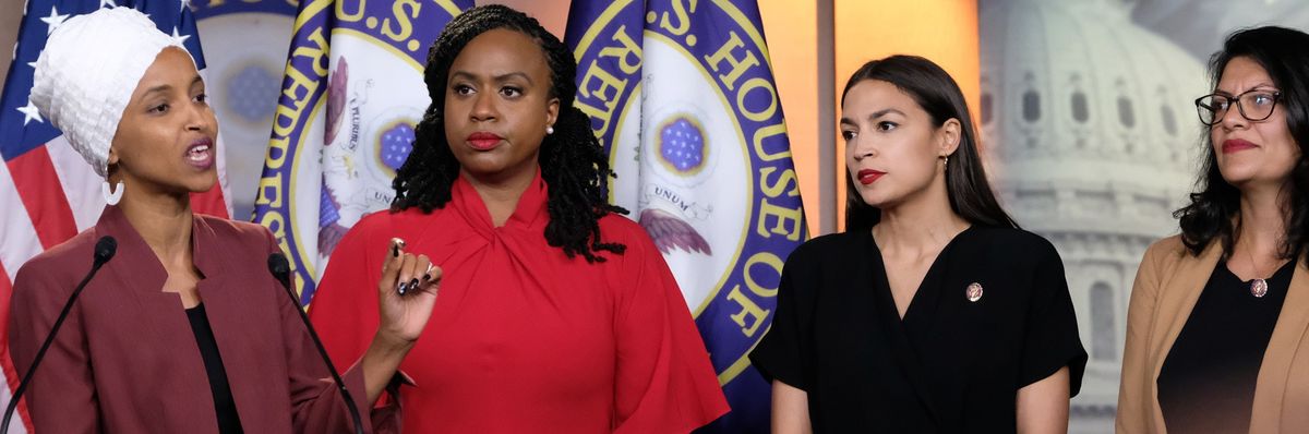 Ilhan Omar, Ayanna Pressley, Alexandria Ocasio-Cortez, and Rashida Tlaib at a press conference